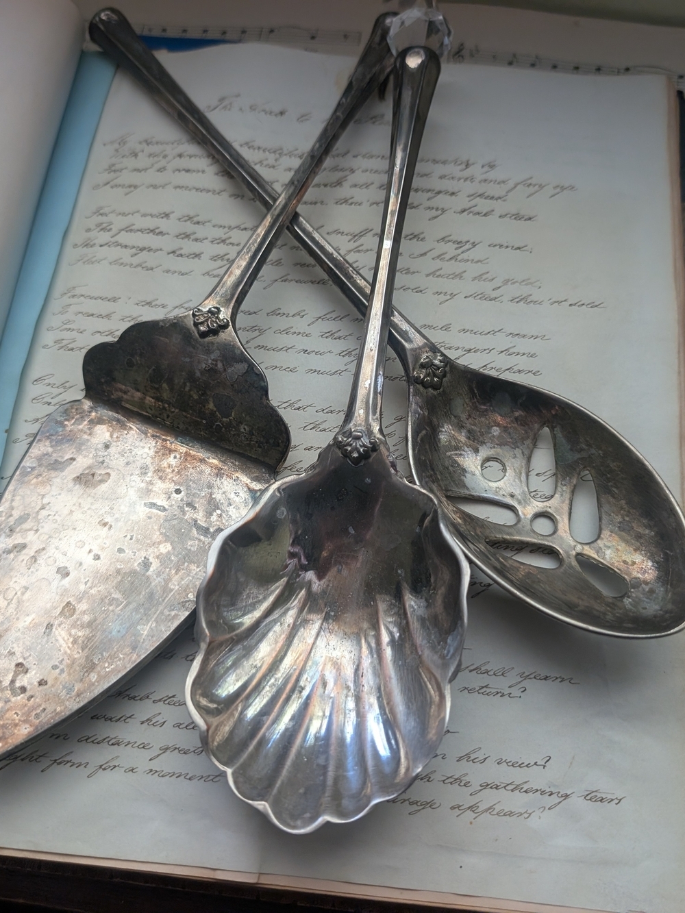 Vintage Silver Serving Spoon Trio - Shell & Pierced Designs